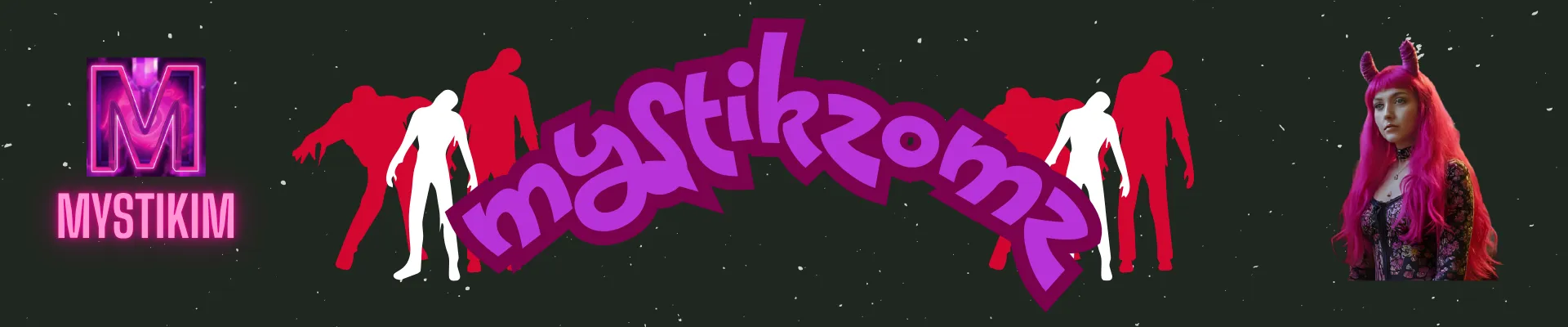 MystikZomZ banner: neon purple logo with zombie silhouettes, the MystikIM logo and the server mascot