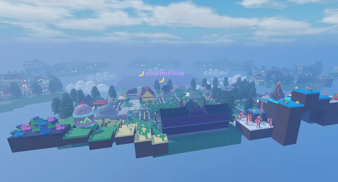 SOLSTICE town center from above, with sky islands in the distance